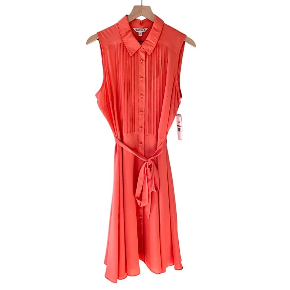 NWT Nanette Lepore‎ Pleated Button Front Sleeveless Dress Coral Orange Size 12